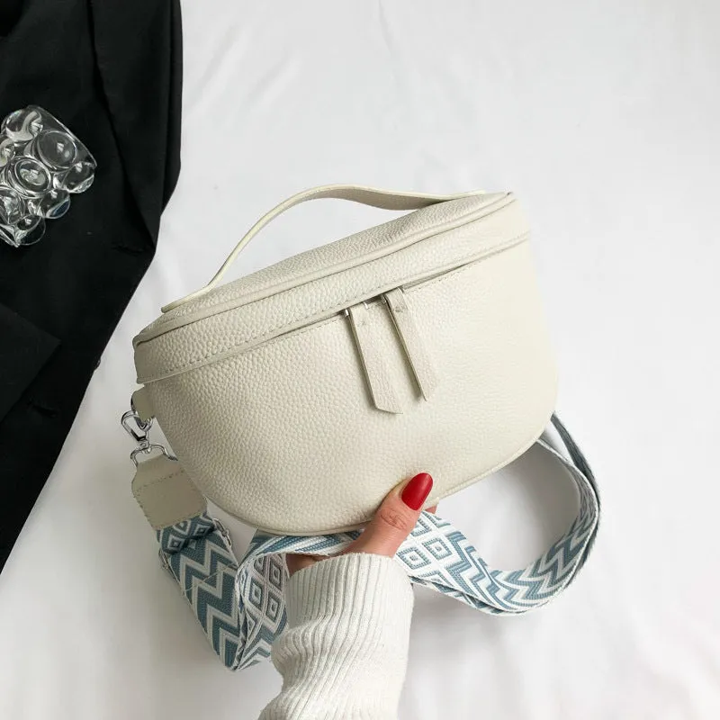 Ladies casual leather crossbody bag in top grain cowhide, soft finish, 25x14x9cm, beige colour