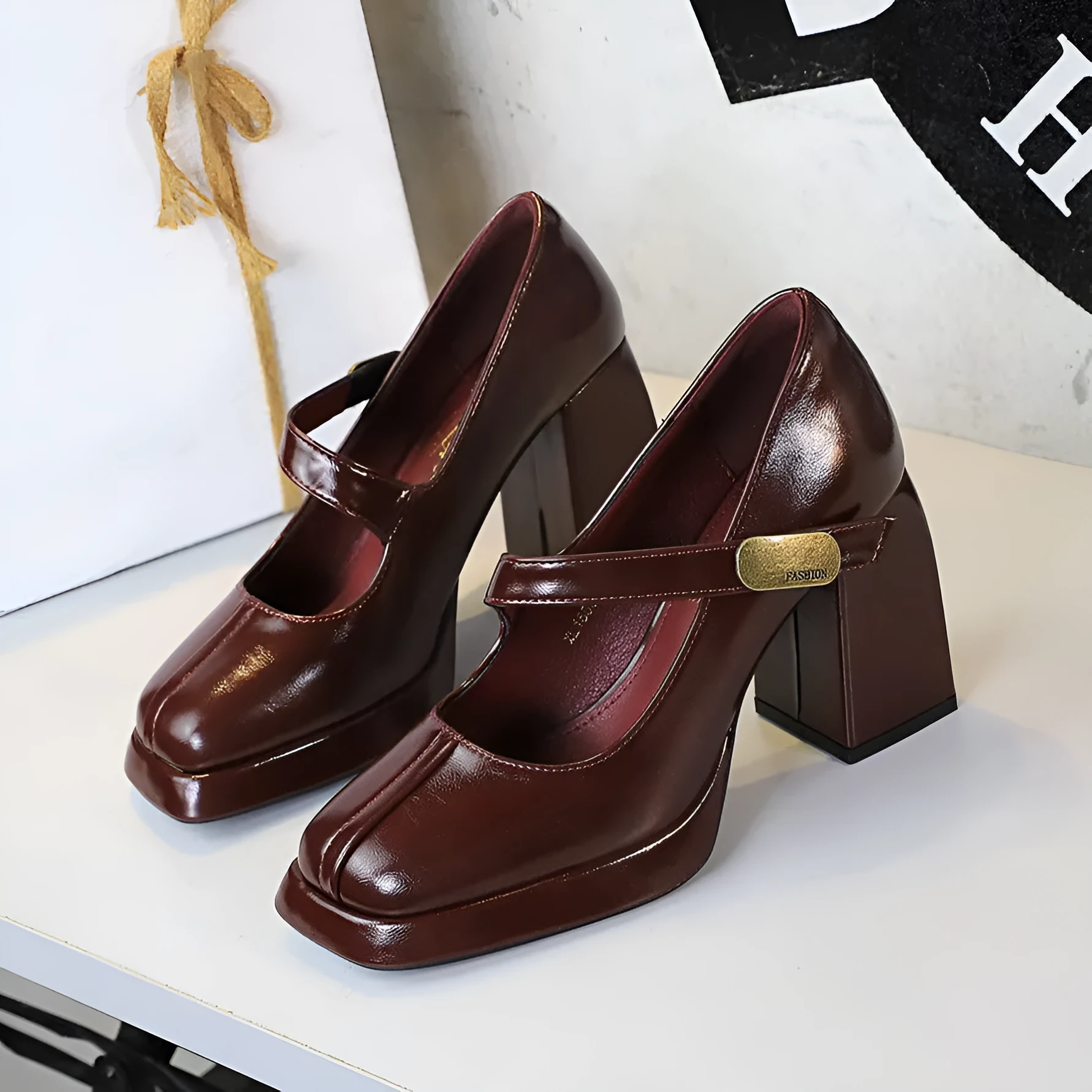 Retro high heel sandals with metal buckle strap, platform sole, square toe, in anchor red colour