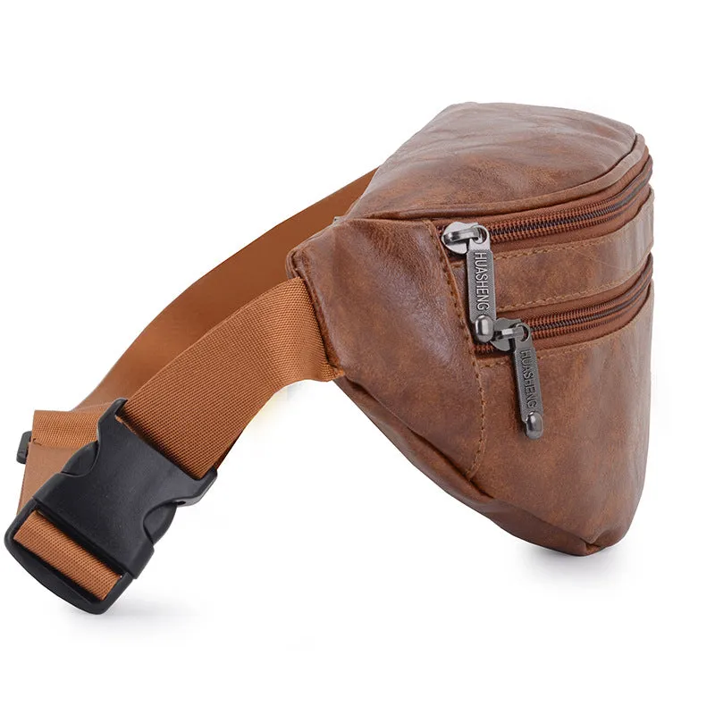 Retro PU leather casual men's waist bag in black, brown, and red colours for daily matching