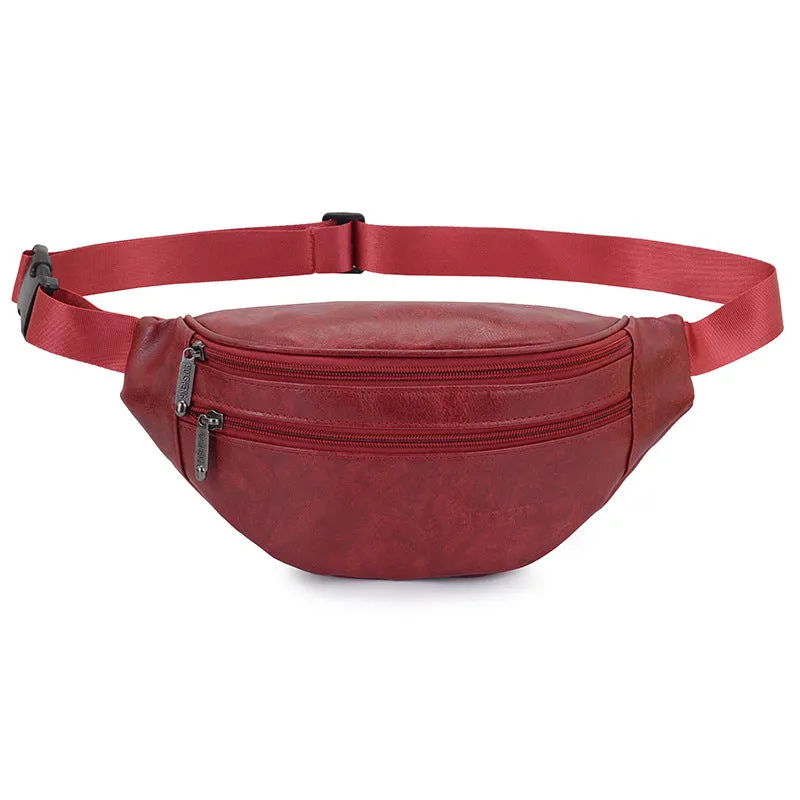 Retro PU leather casual men's waist bag in black, brown, and red colours for daily matching