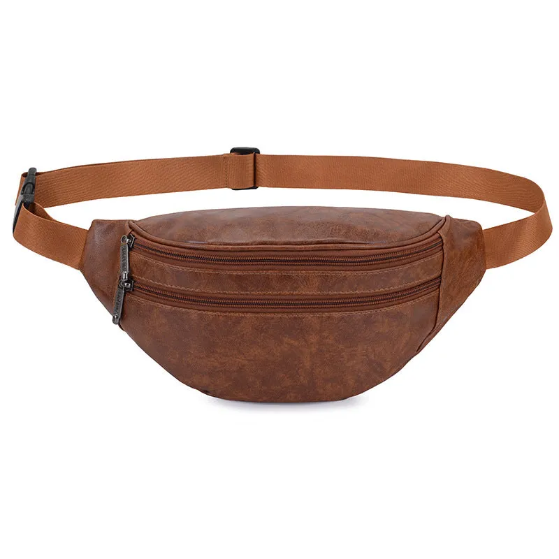 Retro PU leather casual men's waist bag in black, brown, and red colours for daily matching