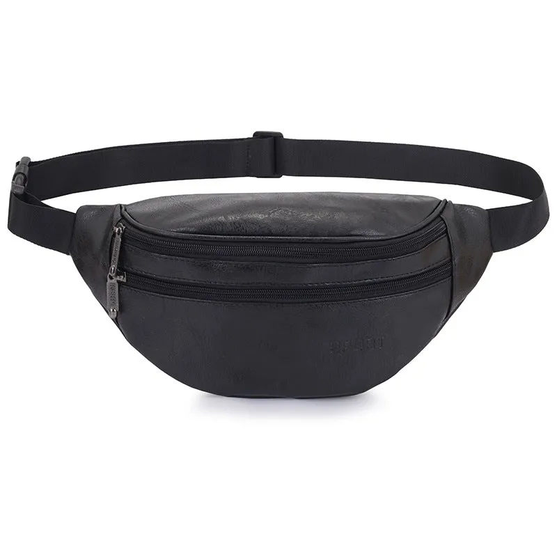 Retro PU leather casual men's waist bag in black, brown, and red colours for daily matching