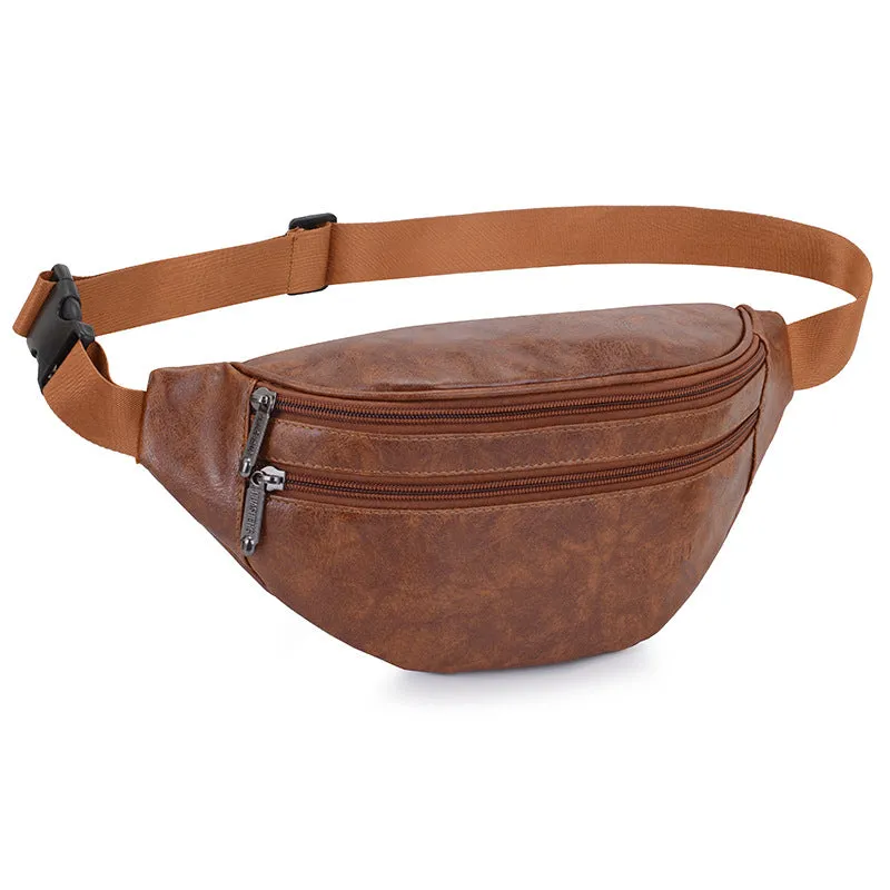 Retro PU leather casual men's waist bag in black, brown, and red colours for daily matching