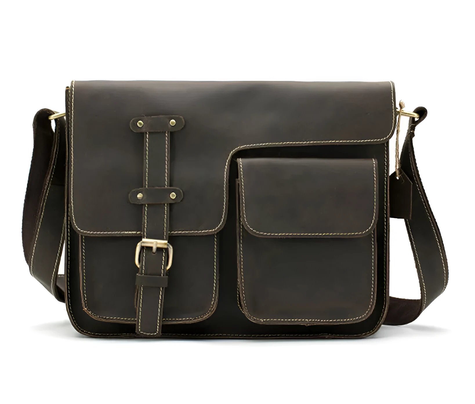 Brown genuine leather vintage messenger bag with adjustable strap, shown open to reveal internal zippered and padded pockets.
