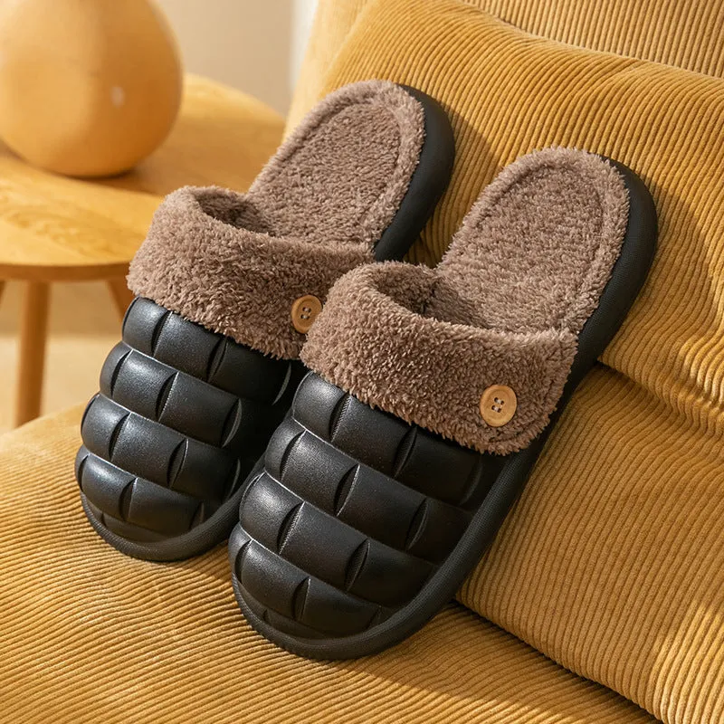 Plaid detachable EVA house slippers for women with plush lining, shown in pink.