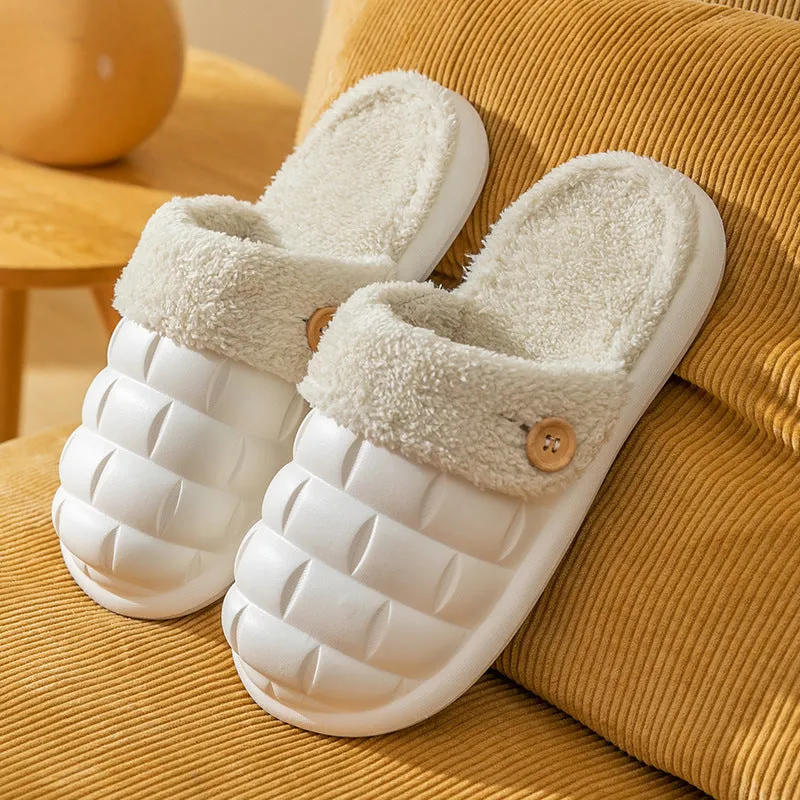 Plaid detachable EVA house slippers for women with plush lining, shown in pink.