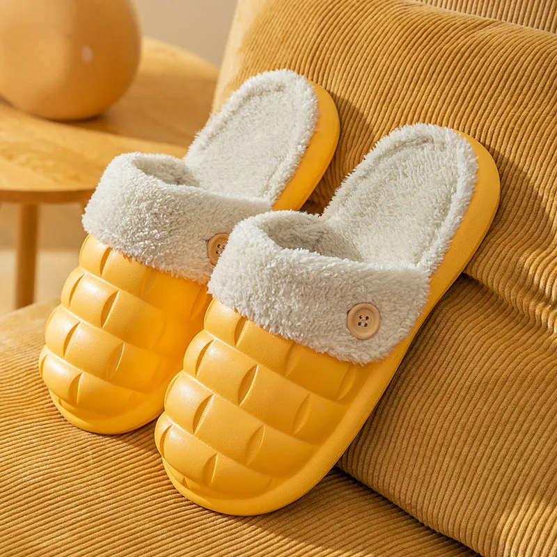 Plaid detachable EVA house slippers for women with plush lining, shown in pink.