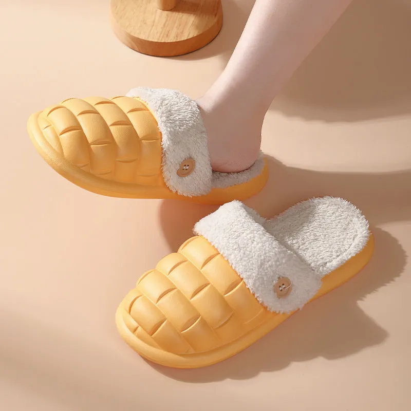 Plaid detachable EVA house slippers for women with plush lining, shown in pink.