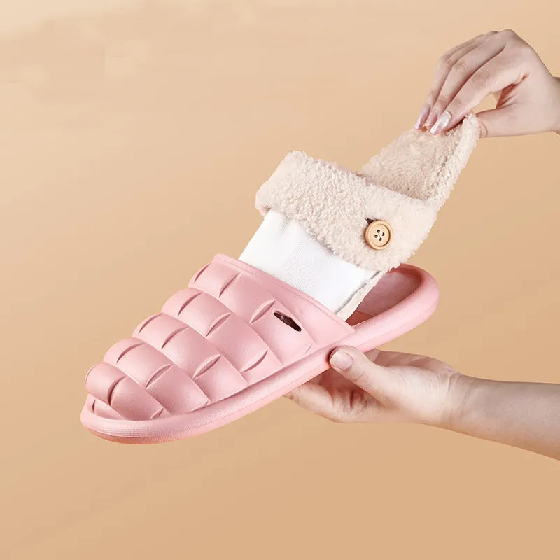 Plaid detachable EVA house slippers for women with plush lining, shown in pink.