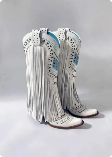 Retro embroidered slip-on tassel boots for women with chunky heel in white