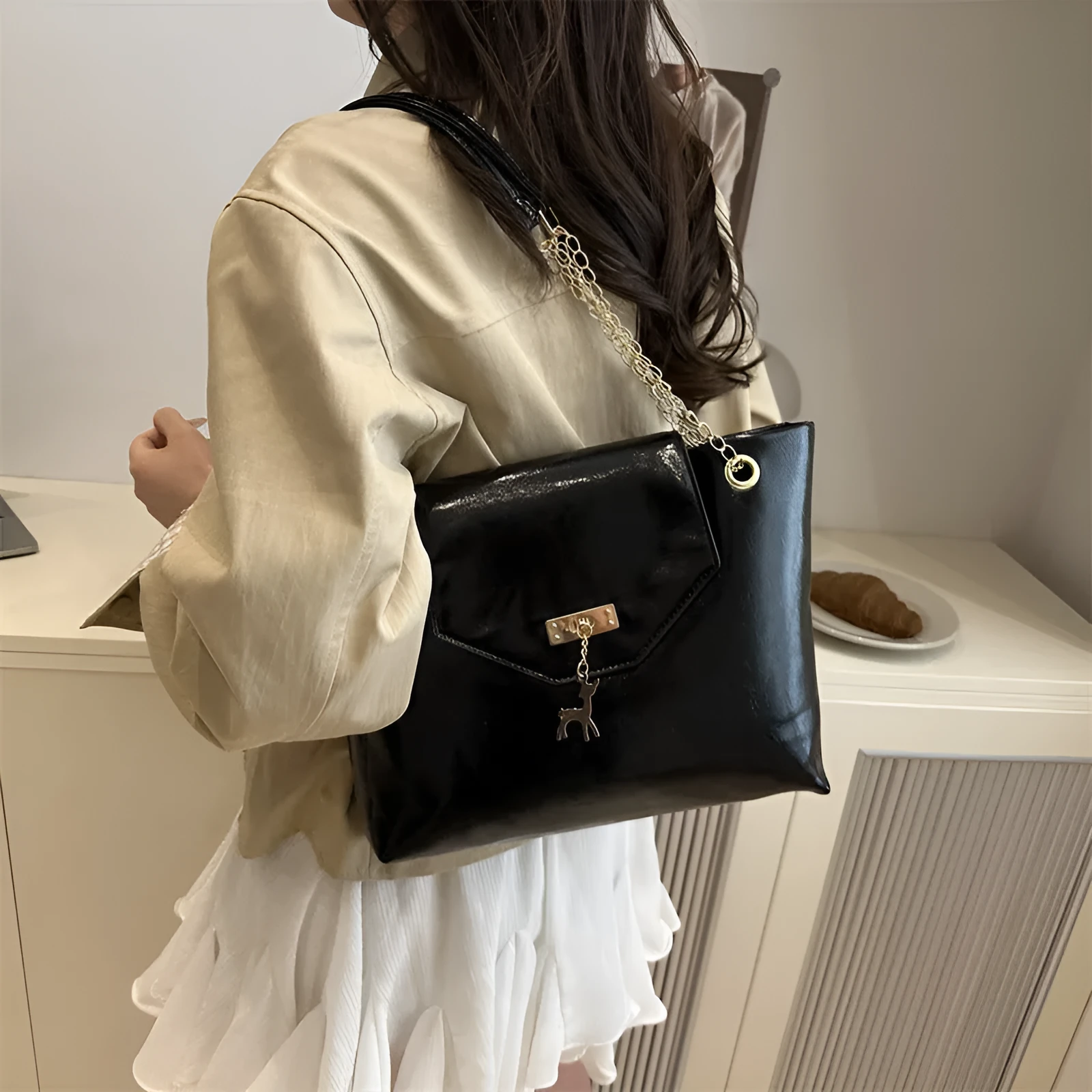 Large capacity chain shoulder bag for women in black, soft PU, horizontal square shape with chain strap