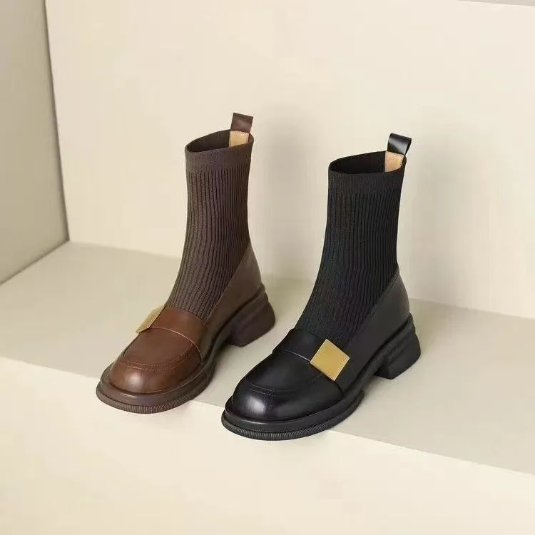 Mid-heel retro new loafer ankle boots for women, black PU leather with elastic band and round toe