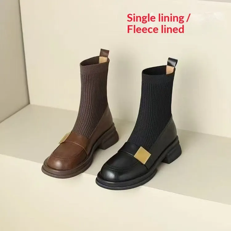 Mid-heel retro new loafer ankle boots for women, black PU leather with elastic band and round toe