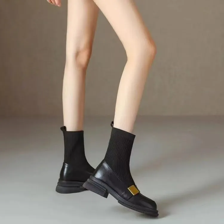 Mid-heel retro new loafer ankle boots for women, black PU leather with elastic band and round toe