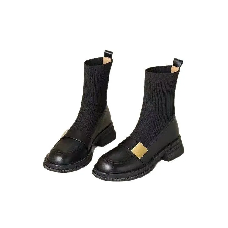 Mid-heel retro new loafer ankle boots for women, black PU leather with elastic band and round toe