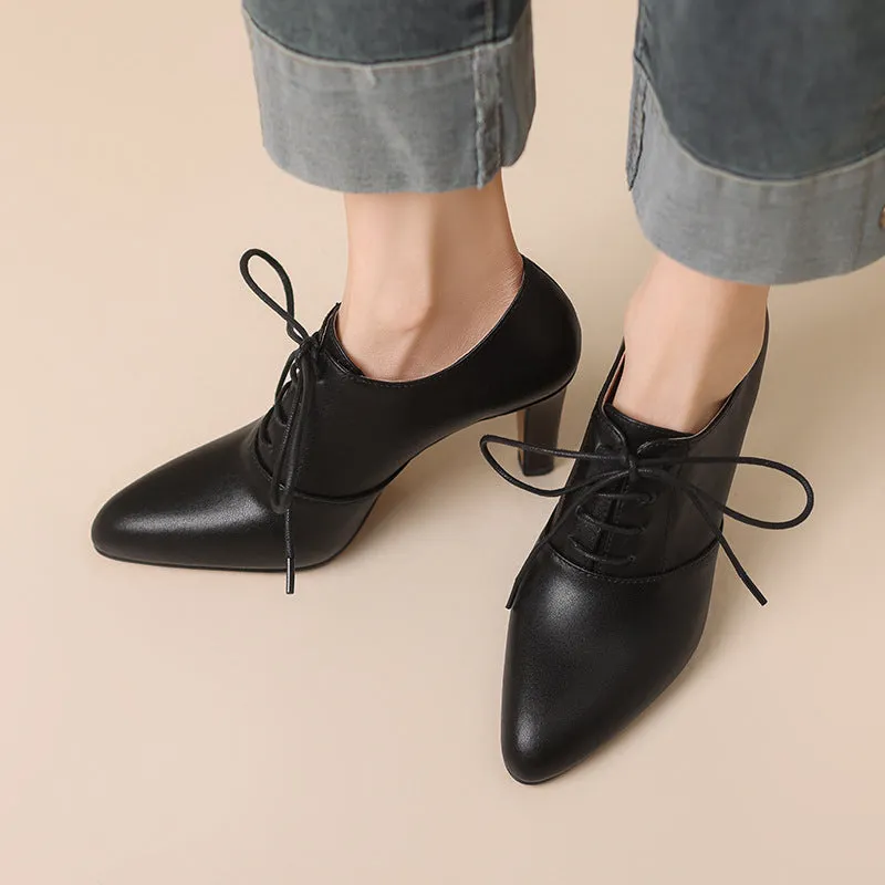Women's British style high heel lace-up leather shoes with pointed toe and wedge heel in wine red cowhide with pigskin lining