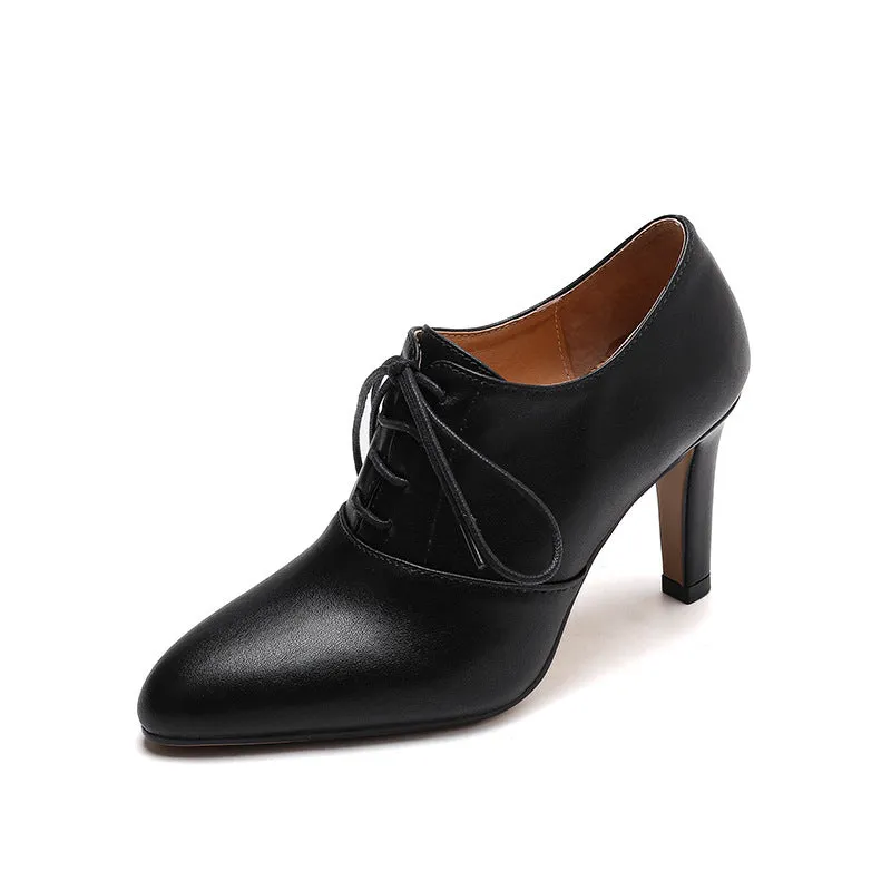Women's British style high heel lace-up leather shoes with pointed toe and wedge heel in wine red cowhide with pigskin lining