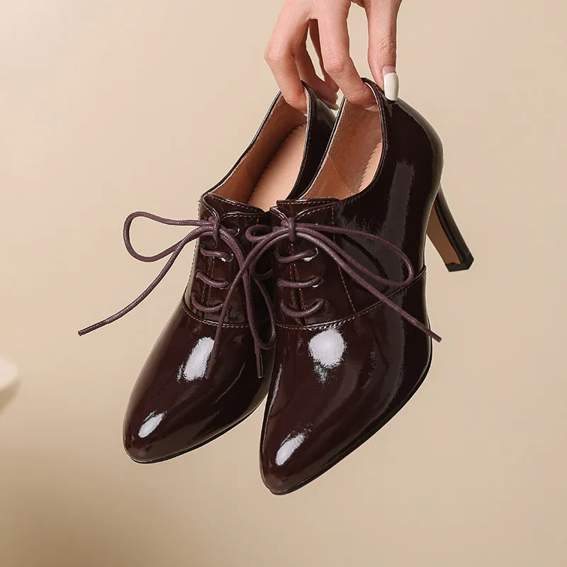 Women's British style high heel lace-up leather shoes with pointed toe and wedge heel in wine red cowhide with pigskin lining