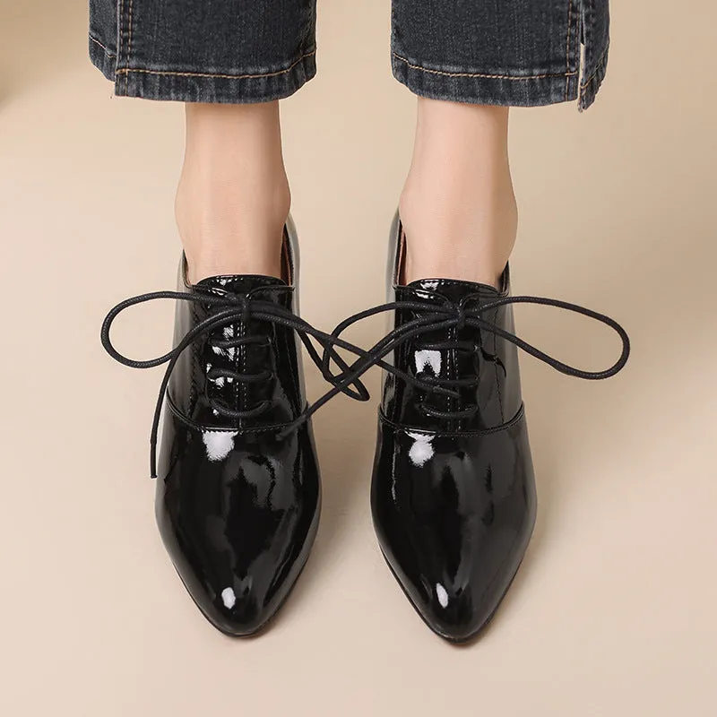 Women's British style high heel lace-up leather shoes with pointed toe and wedge heel in wine red cowhide with pigskin lining