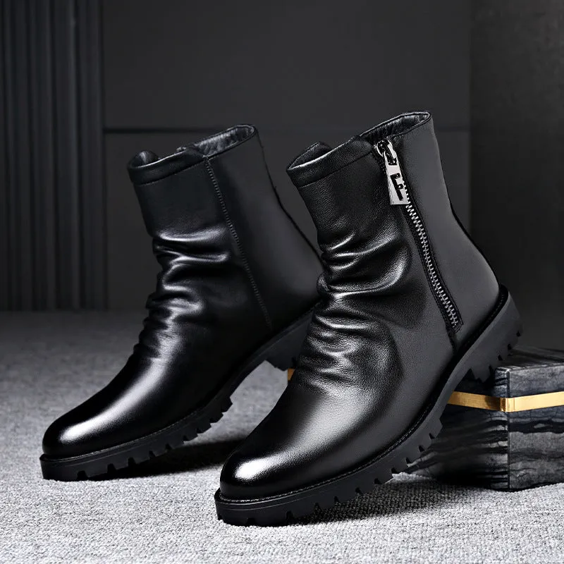 Men's black leather high-top Martin boots with side zipper and wedge heel, winter style