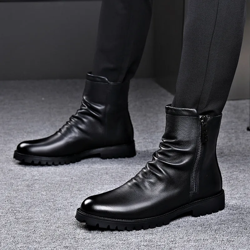 Men's black leather high-top Martin boots with side zipper and wedge heel, winter style