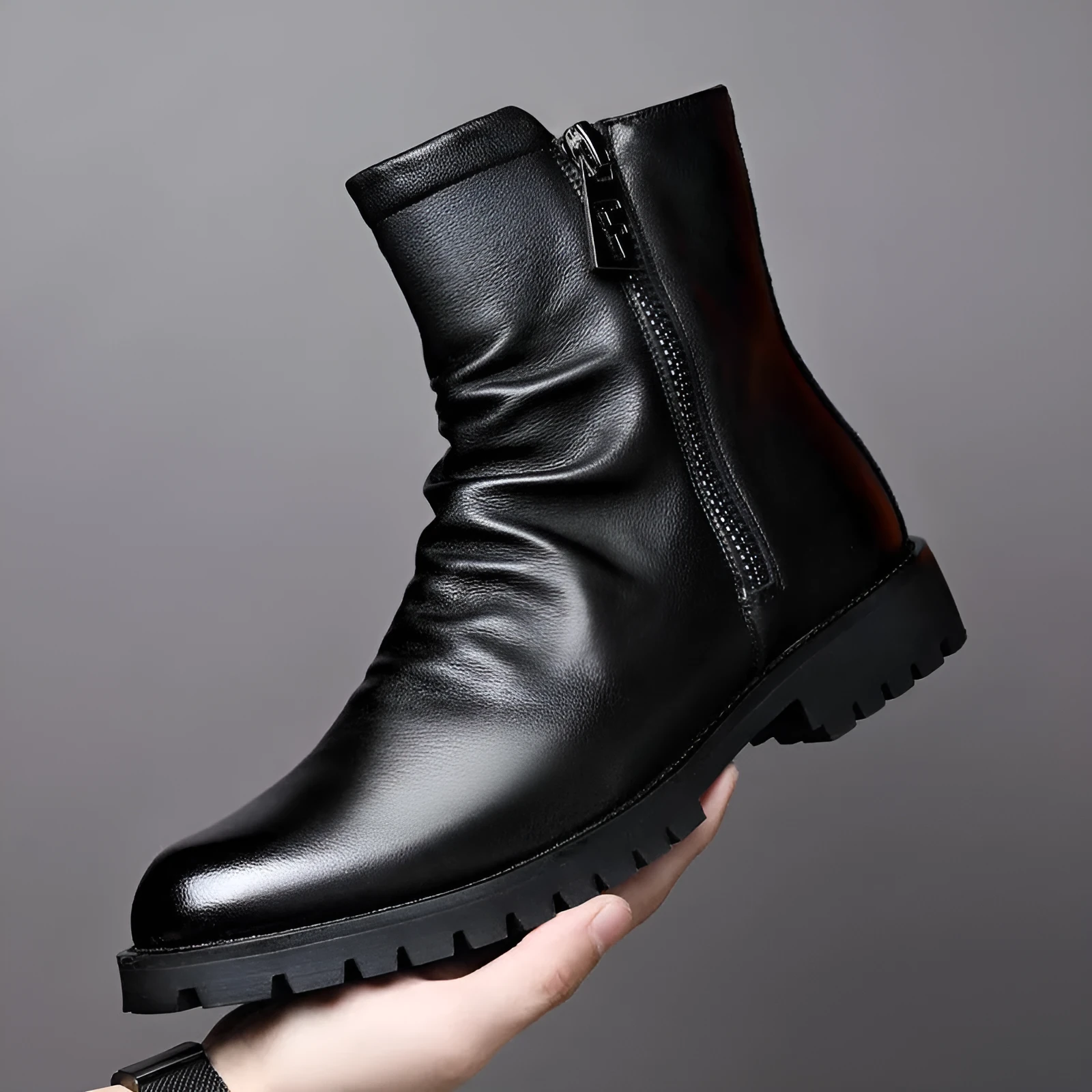 Men's black leather high-top Martin boots with side zipper and wedge heel, winter style