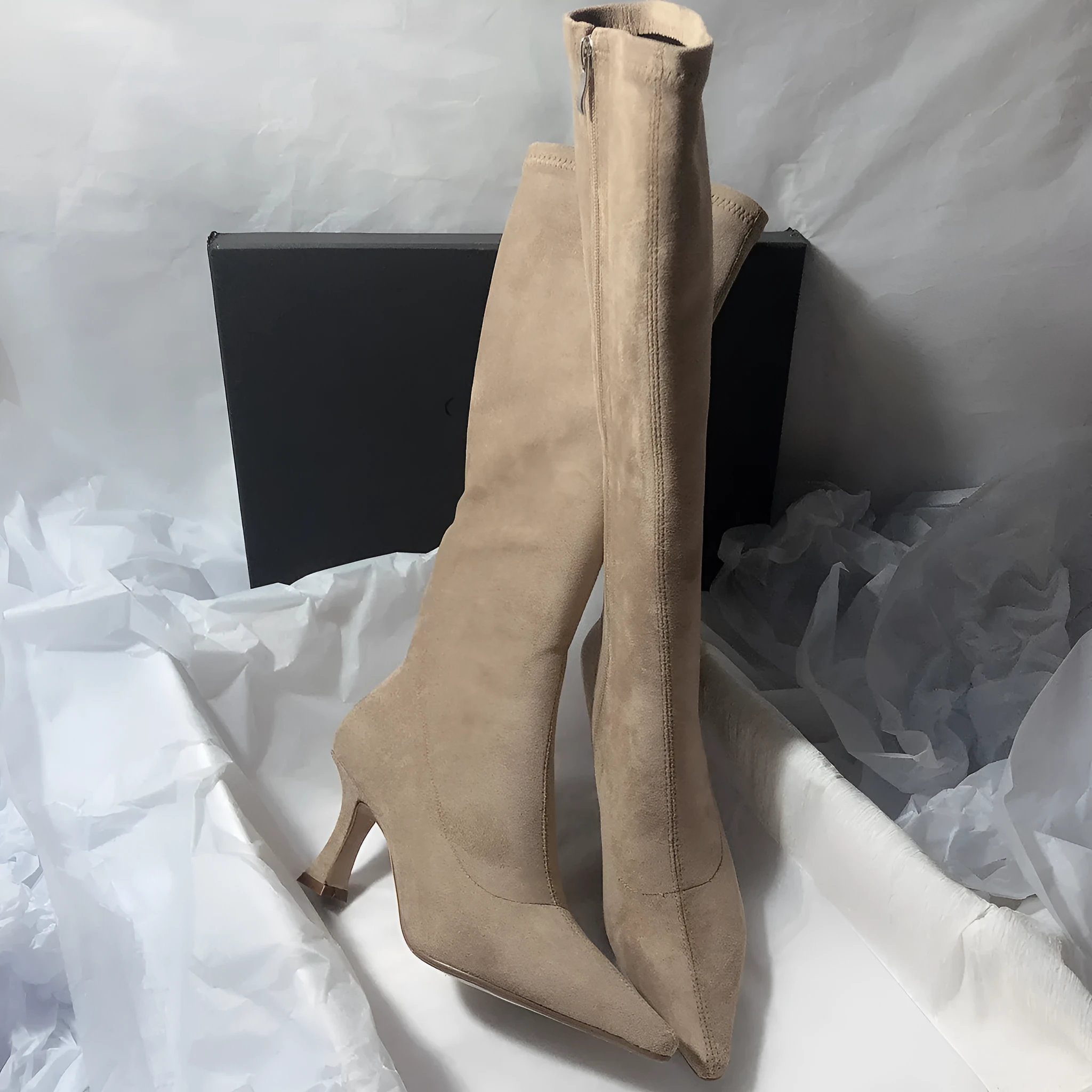 Women's black suede side zip high heel boots with pointed toe and 6-8cm heel