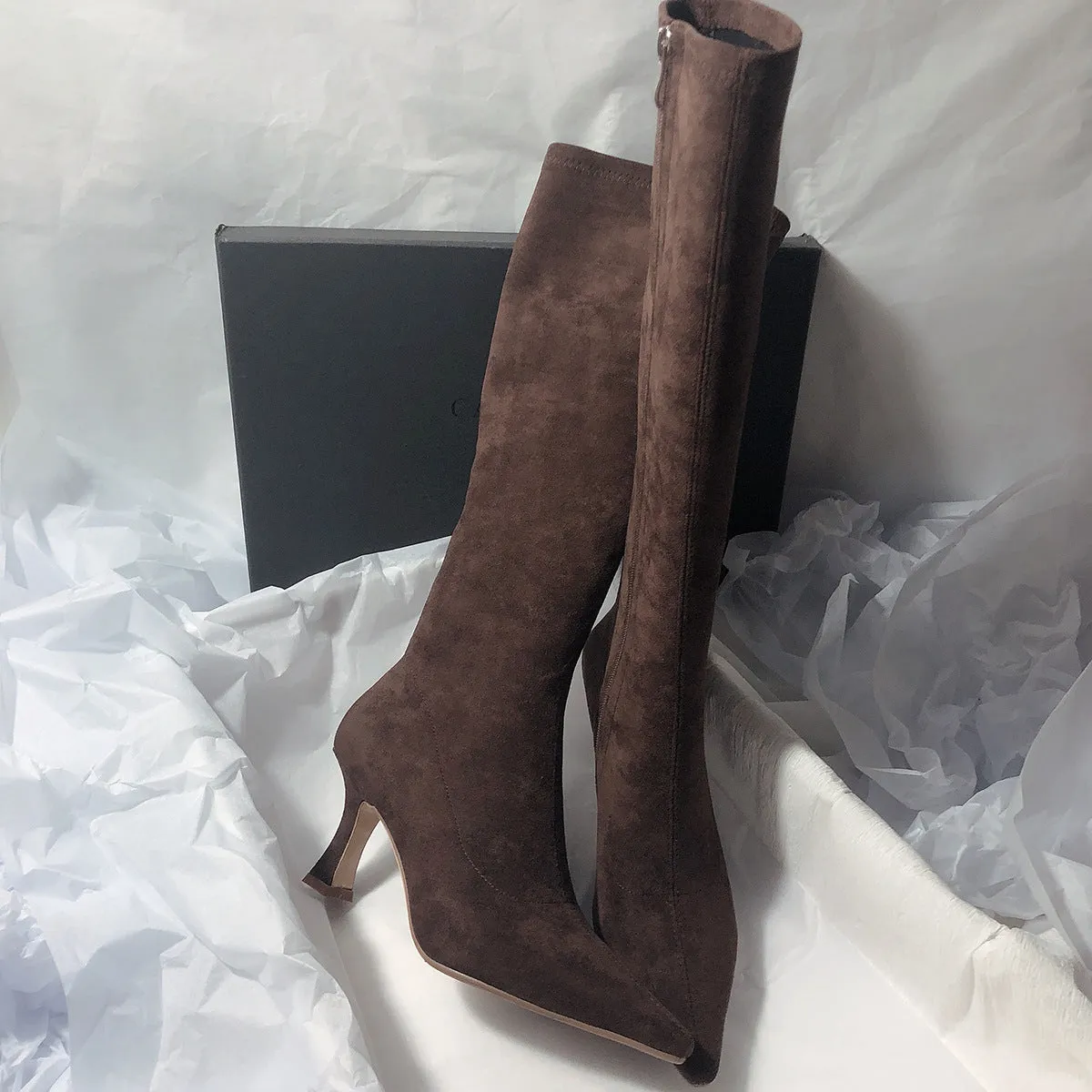 Women's black suede side zip high heel boots with pointed toe and 6-8cm heel