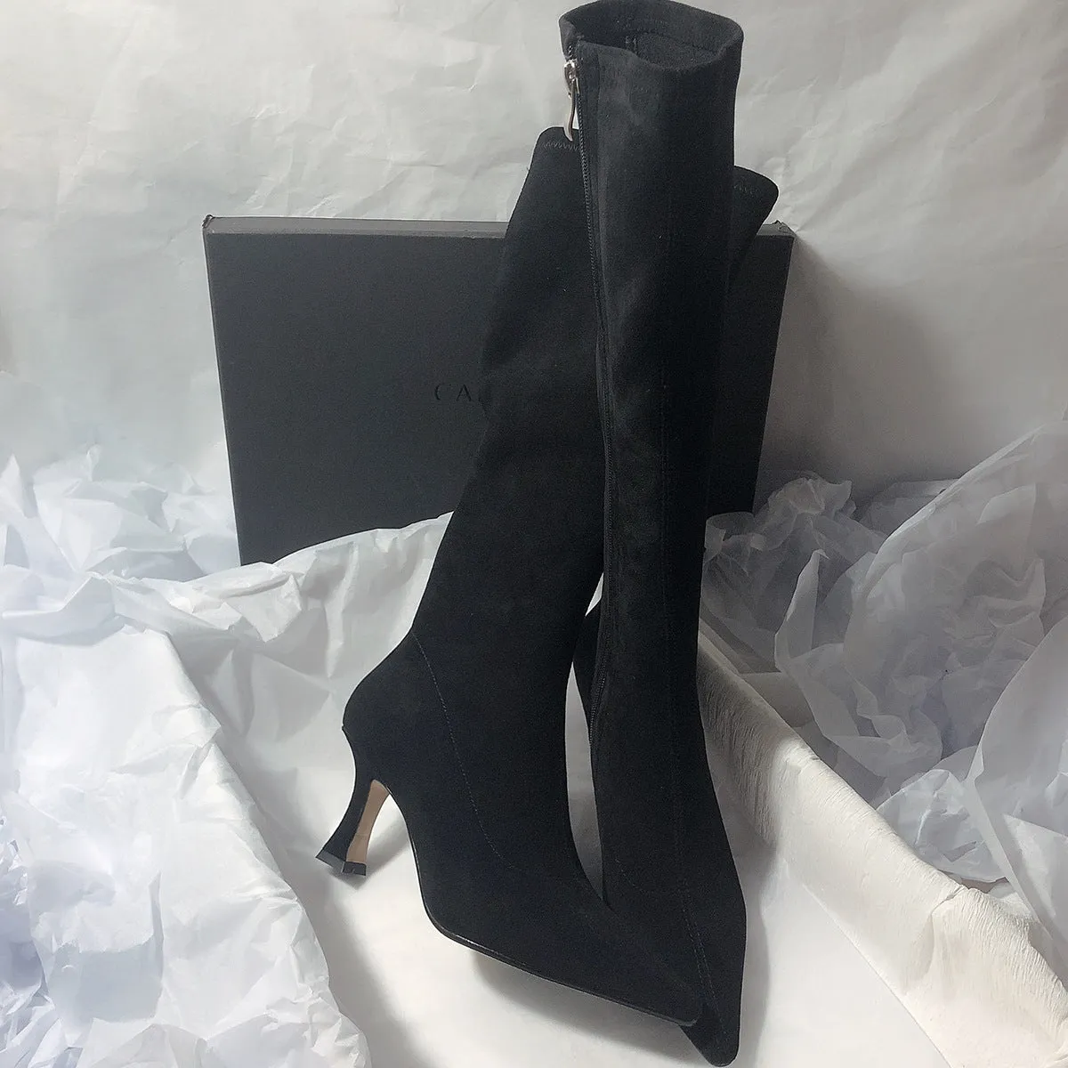 Women's black suede side zip high heel boots with pointed toe and 6-8cm heel