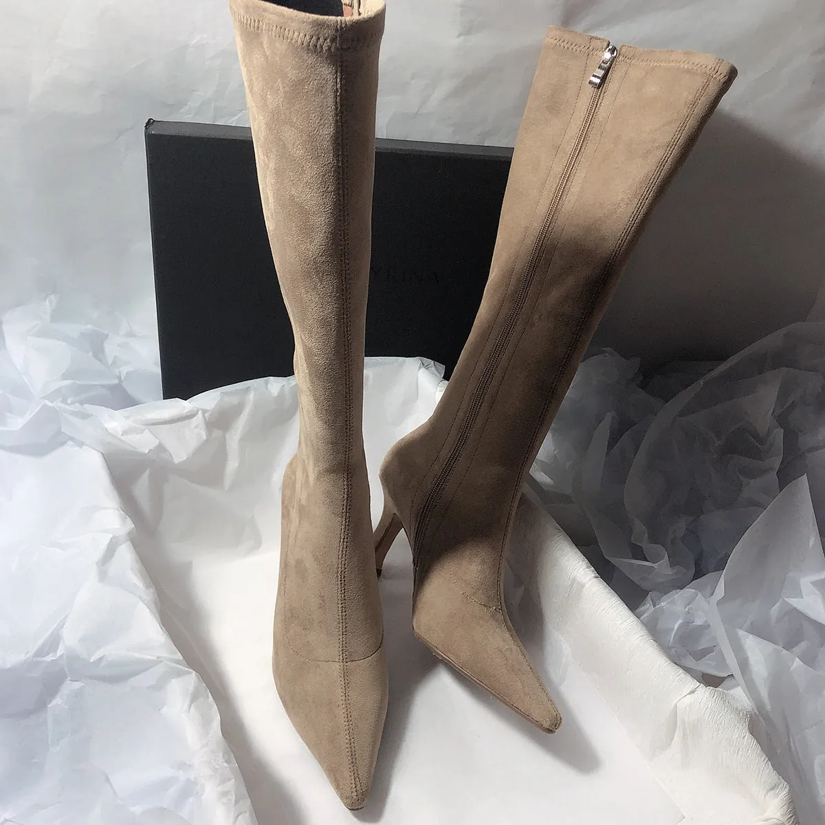 Women's black suede side zip high heel boots with pointed toe and 6-8cm heel