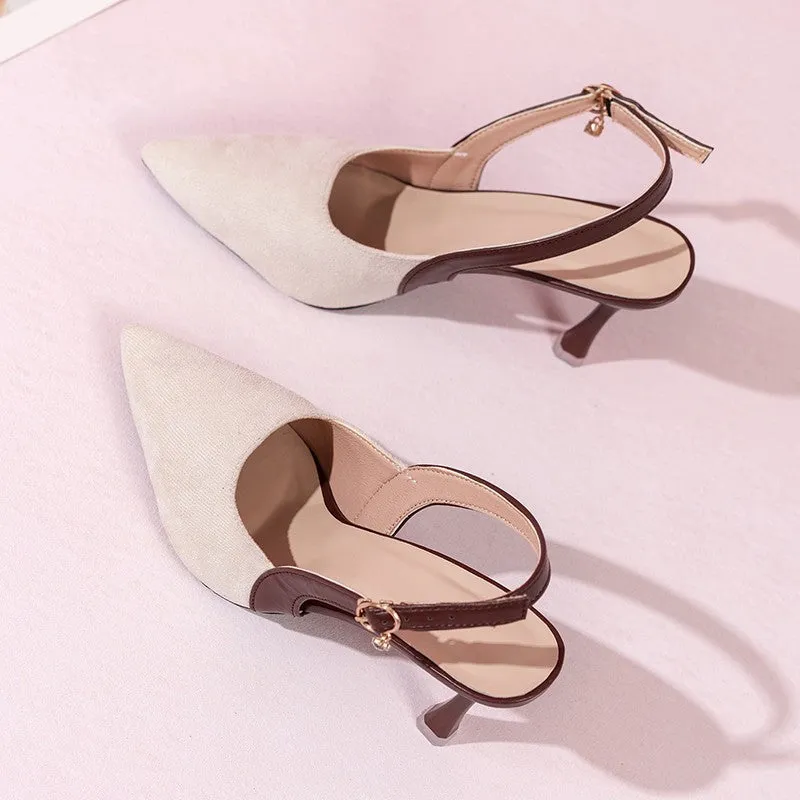 Women's colourblock pointed stiletto sandals in suede leather with rear empty toe cap and buckle fastening