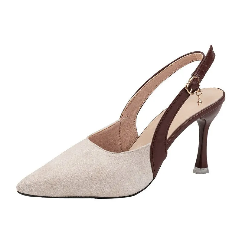 Women's colourblock pointed stiletto sandals in suede leather with rear empty toe cap and buckle fastening