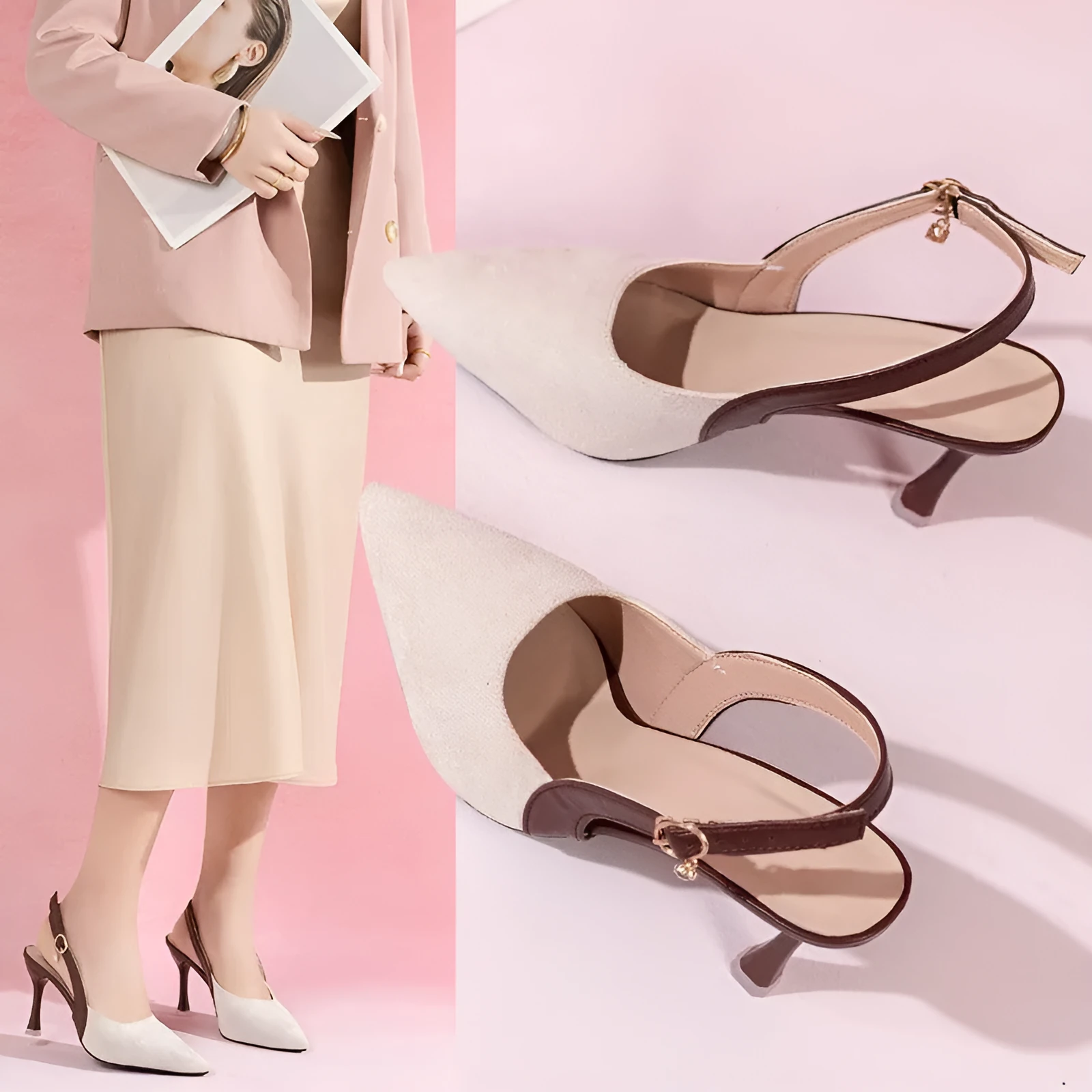 Women's colourblock pointed stiletto sandals in suede leather with rear empty toe cap and buckle fastening