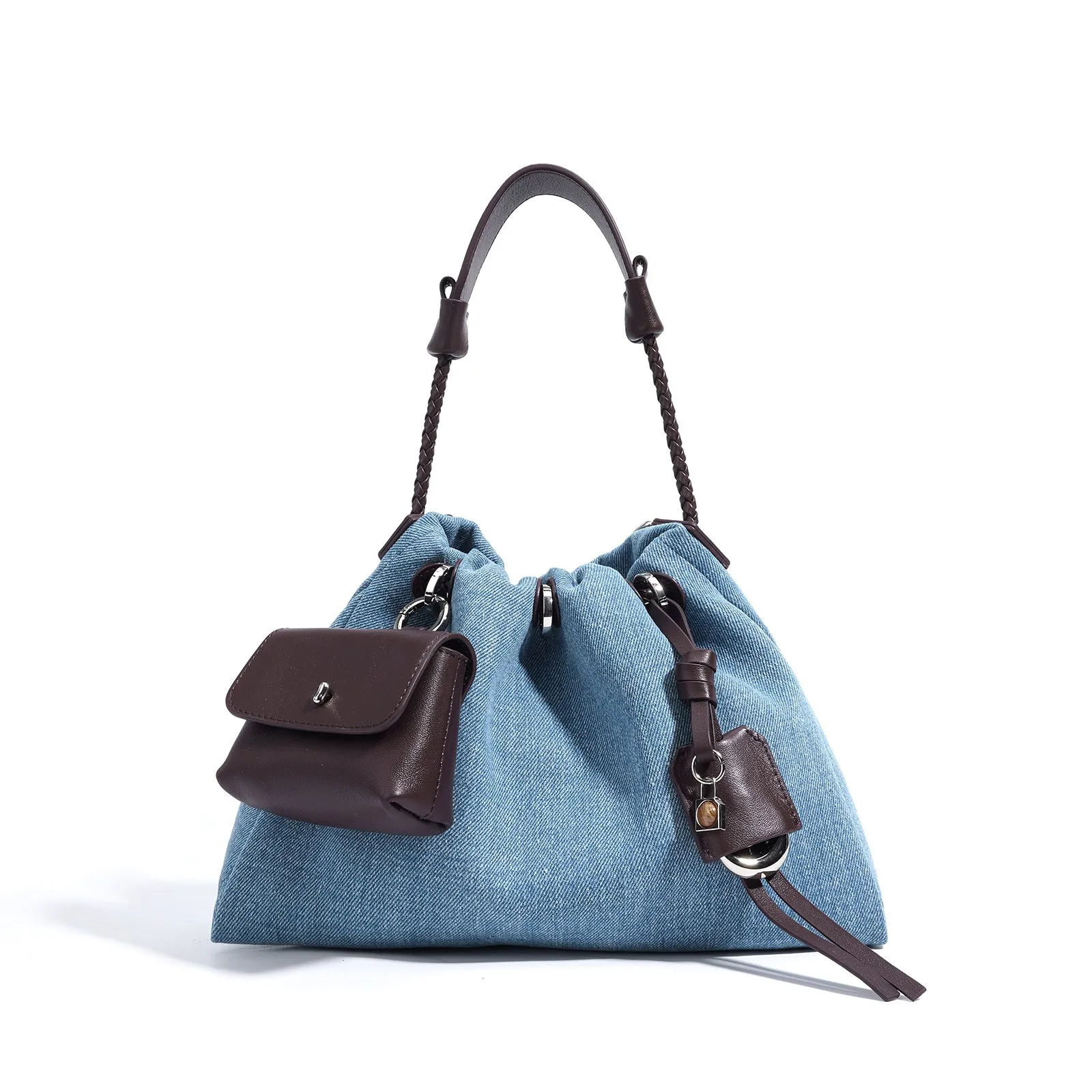 Denim oval handbag with open pocket, 29x20x12cm, urban simplicity style, blue option