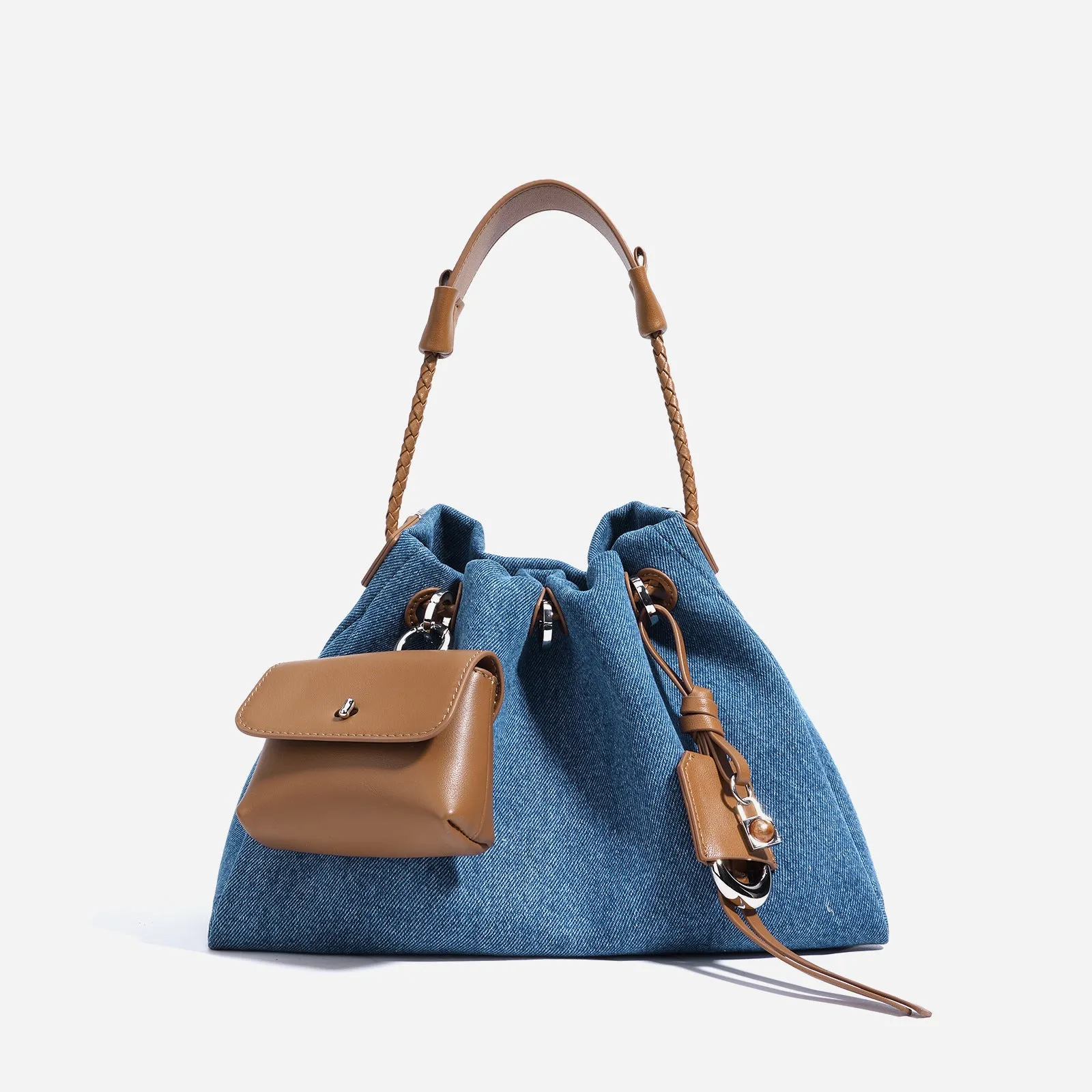 Denim oval handbag with open pocket, 29x20x12cm, urban simplicity style, blue option