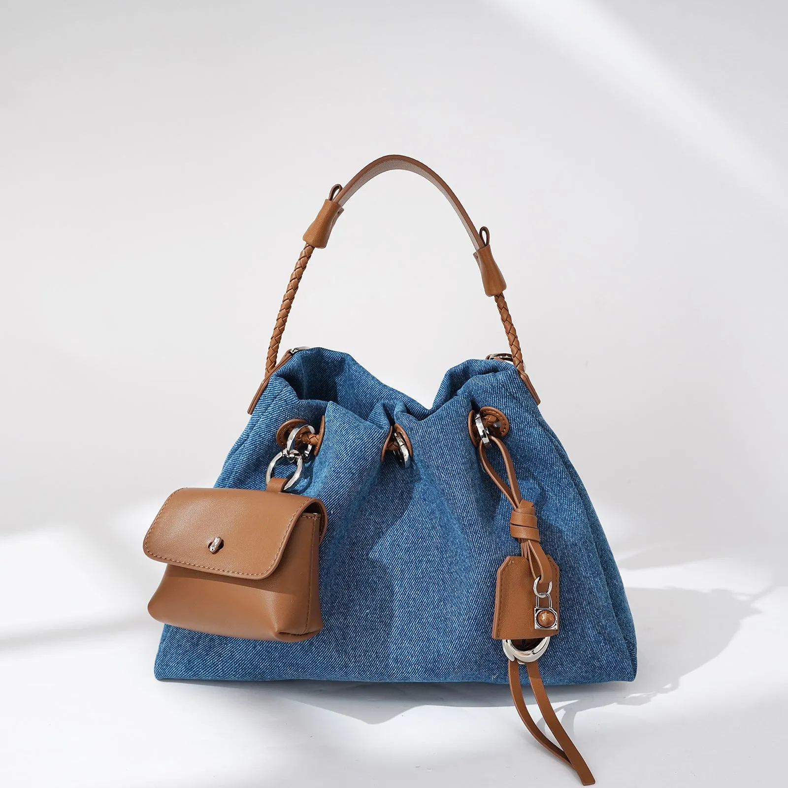 Denim oval handbag with open pocket, 29x20x12cm, urban simplicity style, blue option