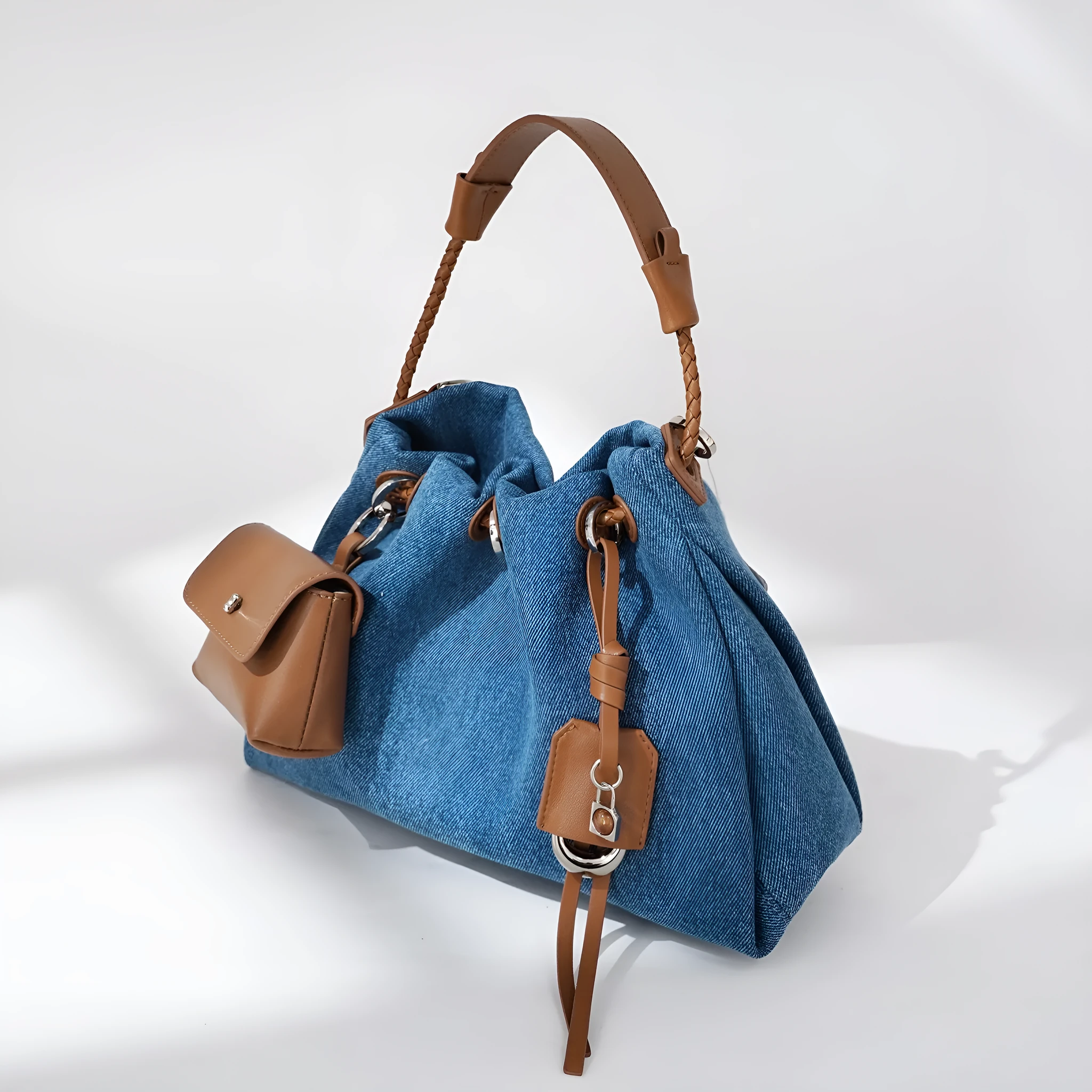 Denim oval handbag with open pocket, 29x20x12cm, urban simplicity style, blue option