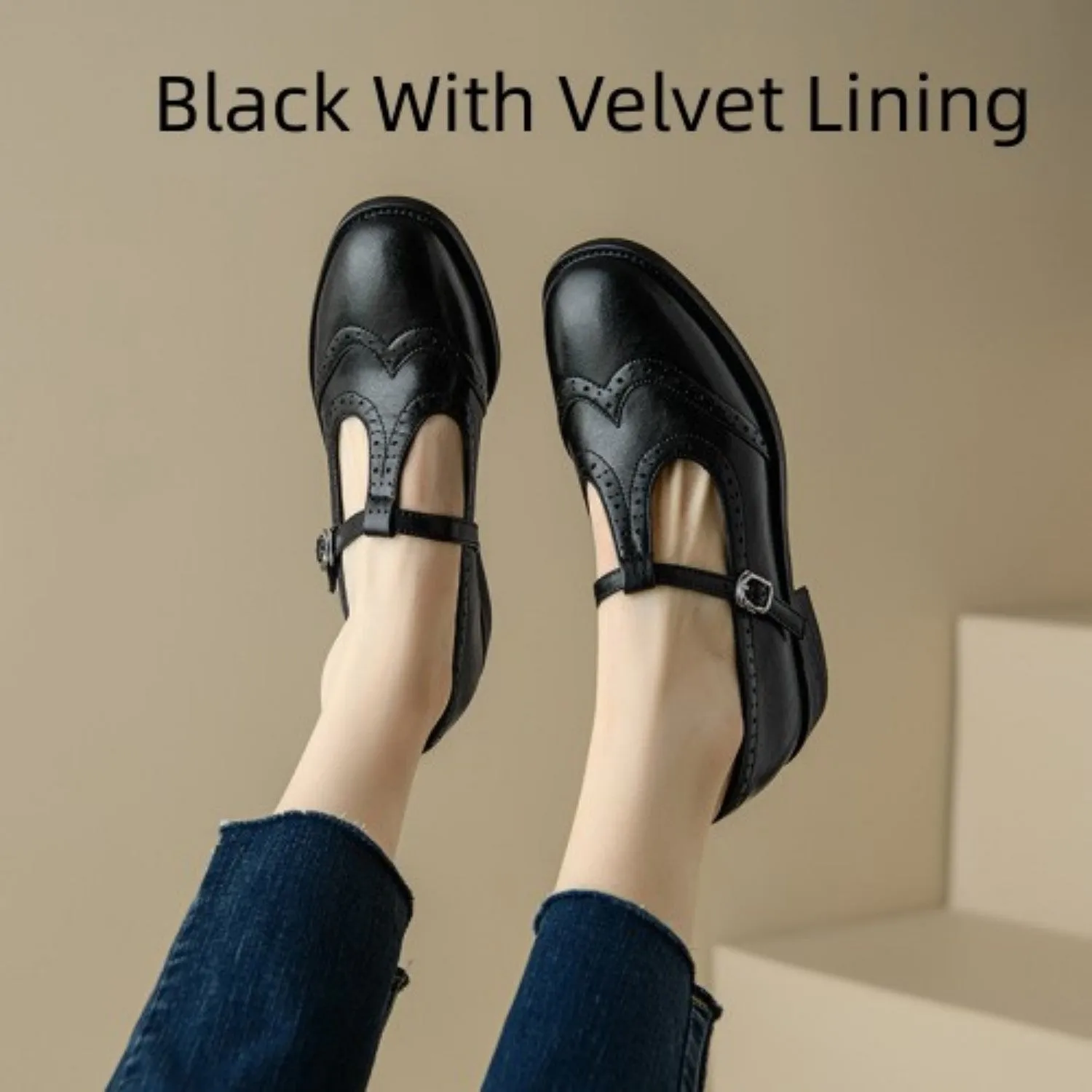 Retro round toe Mary Jane shoes for women, genuine leather upper, T-bar strap, black colour