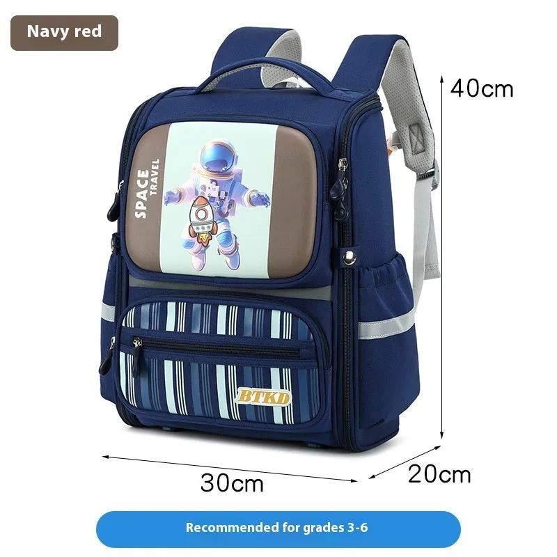 Childlike cute astronaut schoolbag in Dark Blue & Red with geometric pattern and air pillow belt