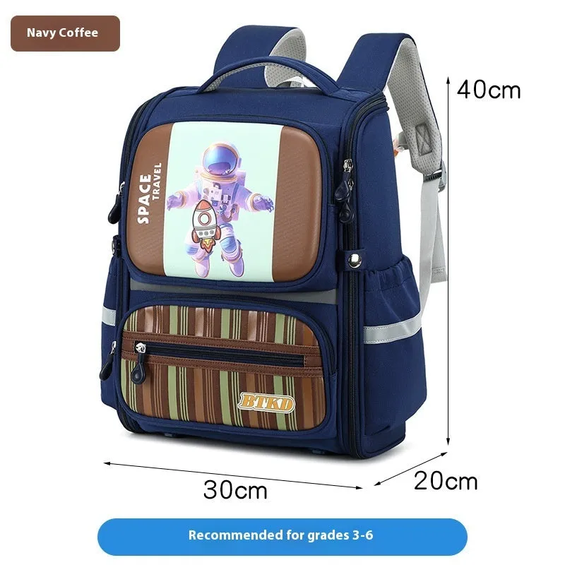 Childlike cute astronaut schoolbag in Dark Blue & Red with geometric pattern and air pillow belt