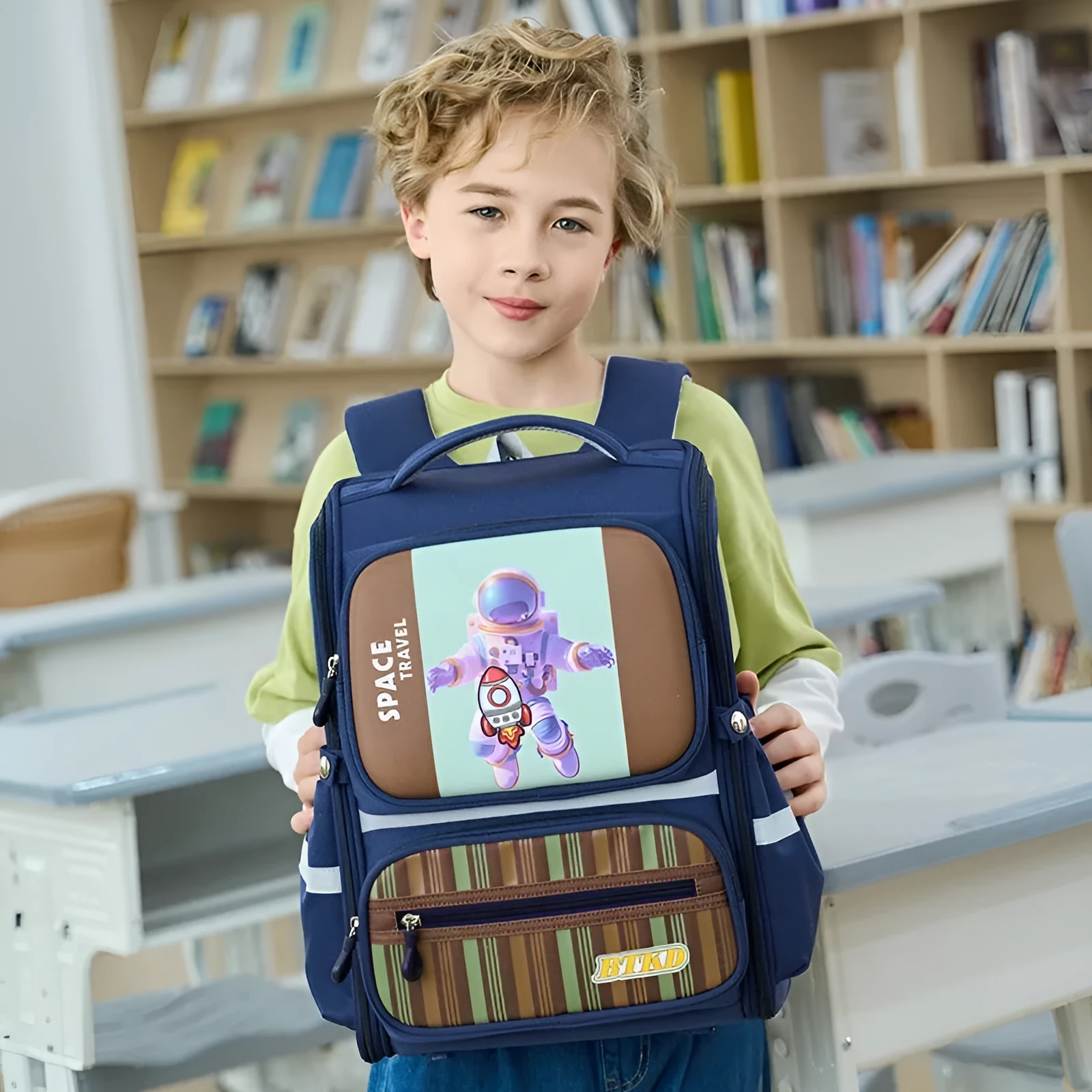 Childlike cute astronaut schoolbag in Dark Blue & Red with geometric pattern and air pillow belt