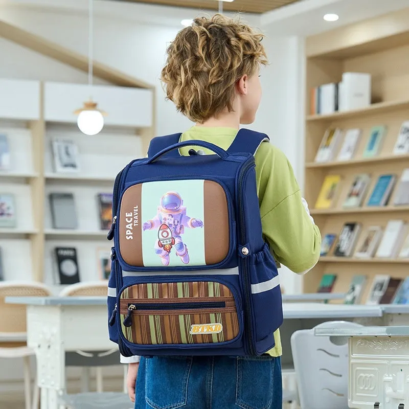 Childlike cute astronaut schoolbag in Dark Blue & Red with geometric pattern and air pillow belt