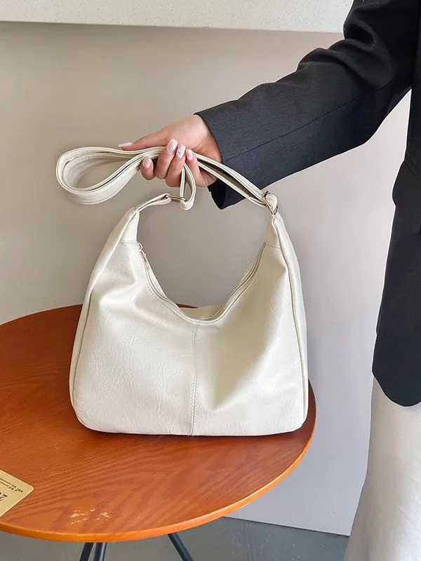 White PU leather retro crossbody shoulder bag with horizontal shape and outer pocket 31x10x21cm