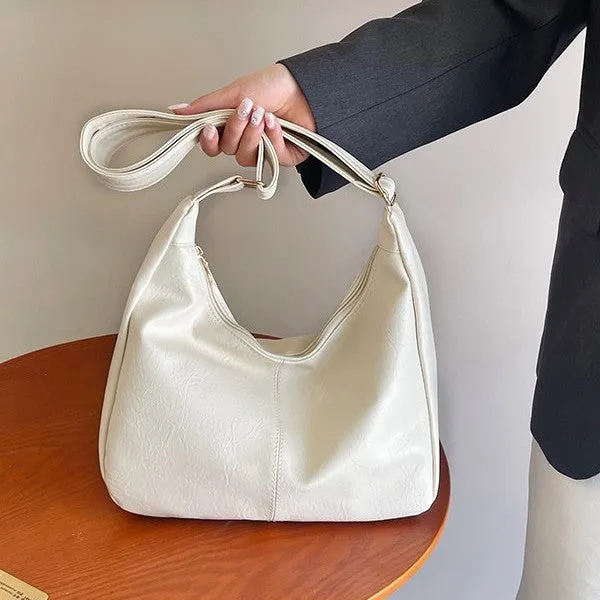 White PU leather retro crossbody shoulder bag with horizontal shape and outer pocket 31x10x21cm