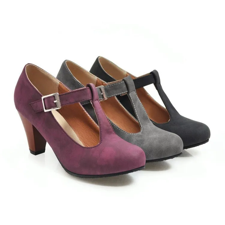 Women's suede T-strap buckle heels in black, gray, purple with round toe and 6-8cm high heel