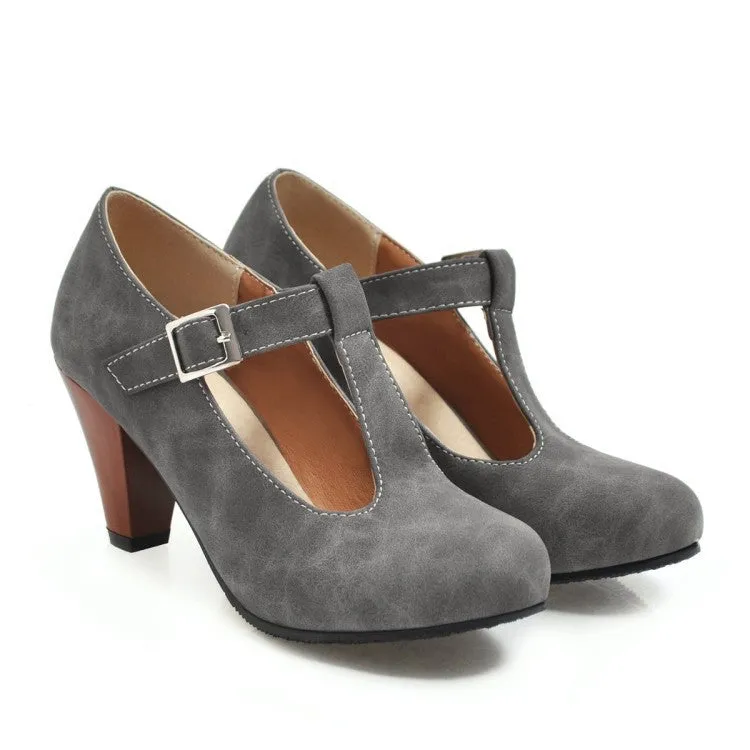 Women's suede T-strap buckle heels in black, gray, purple with round toe and 6-8cm high heel
