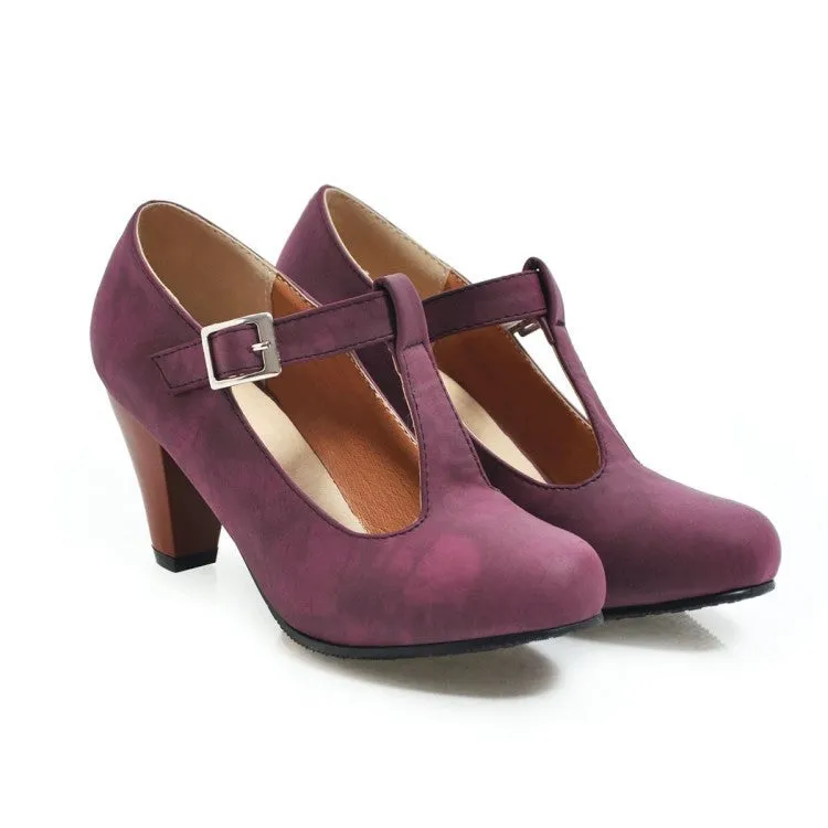 Women's suede T-strap buckle heels in black, gray, purple with round toe and 6-8cm high heel