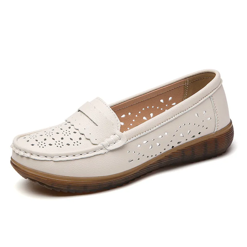 Women's flat shoes with breathable cutout upper, two-layer cowhide, and low heel in beige colour