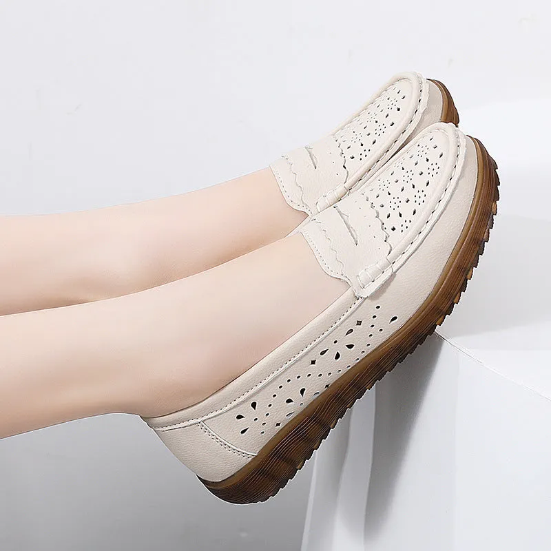 Women's flat shoes with breathable cutout upper, two-layer cowhide, and low heel in beige colour