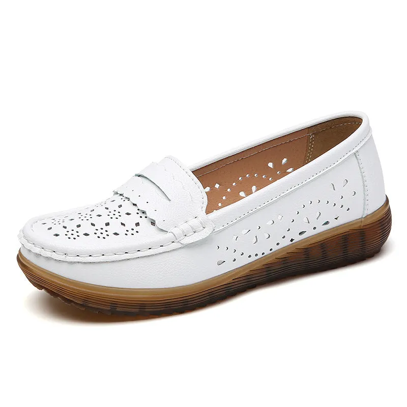 Women's flat shoes with breathable cutout upper, two-layer cowhide, and low heel in beige colour